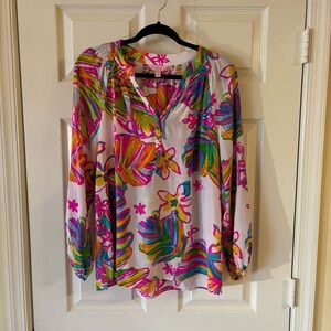 Lilly Pulitzer Elsa Silk Multicolor Floral Smocked Neckline Blouse, Size M
